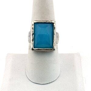Estate Sterling Silver 925 Hammered Band Blue Rectangular Gemstone Ring Size 8
